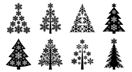 70 Festive Snowflake Christmas Trees Vector Set, Winter Holiday Icons, Black Silhouette Designs for Seasonal Greetings and Decorations 100 © Sarmin