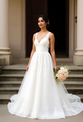 Obraz premium South Asian bride in lace wedding dress holding bouquet