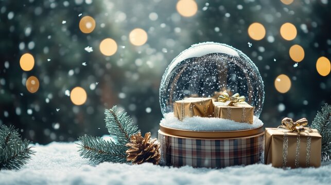 New Christmas tree in Glass snow globe on red background, Christmas decorative design with white snowdrift,snowflakes,glow garland,3d decorative garland glow.Xmas Decorations,Vector illustration.