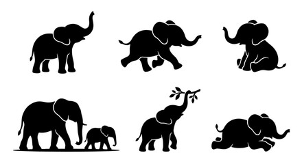 70 Silhouette Elephant Icons Set, African Wildlife Vector Graphics, Majestic Mammal Poses, Baby Elephant Family, Nature Element Collection, Black and White Animal Illustrations 100 © Sahenshah