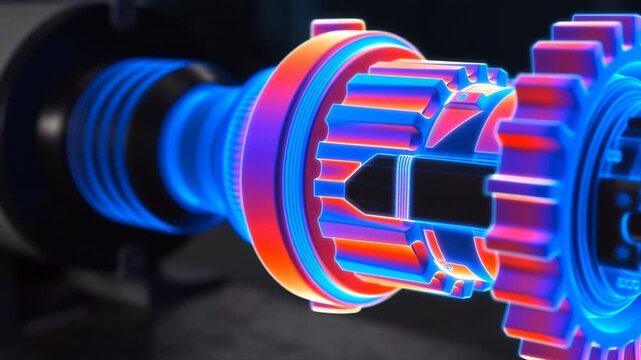 Close-up interlocking gears and rotor with neon blue rim lighting and thermal-style internal gradient highlighting tooth profiles in oblique view for precision engineering visualization