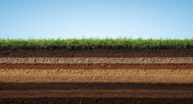Soil Layer Cross Section with Green Grass and Clear Sky Above