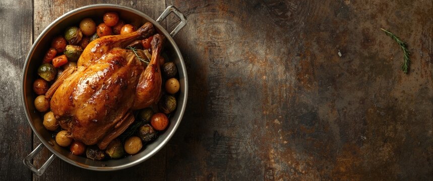 Roasted Chicken Surrounded by Colorful Vegetables in a Rustic Pan on Wooden Table
