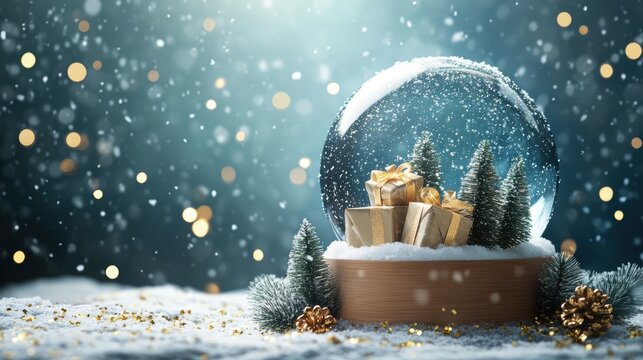 New Christmas tree in Glass snow globe on red background, Christmas decorative design with white snowdrift,snowflakes,glow garland,3d decorative garland glow.Xmas Decorations,Vector illustration.