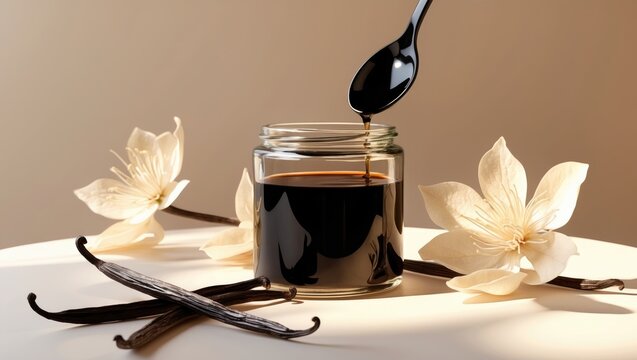 Vanilla extract in bowl with spoon, vanilla pods and flowers on light beige background