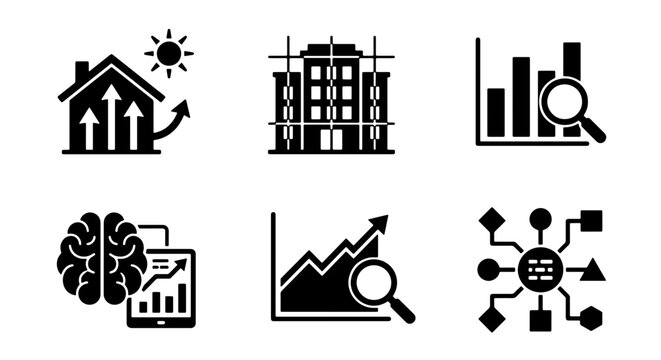 70 Business Analytics Icons Set: Building Growth, Data Charts, AI Brain, Network Connections, Construction Progress, Financial Performance 100