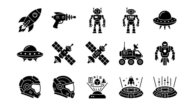 70 Retro Sci-Fi Icons: Rocket, Robot, UFO, Spaceship, and Futuristic Technology Vector Set 100