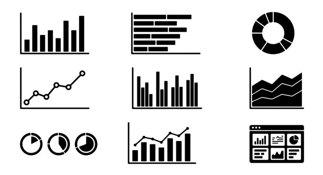 70 Vector Icons Set: Bar Charts, Line Graphs, Pie Chart, Dashboard Analytics, Data Visualization Elements, Business Growth Metrics 100