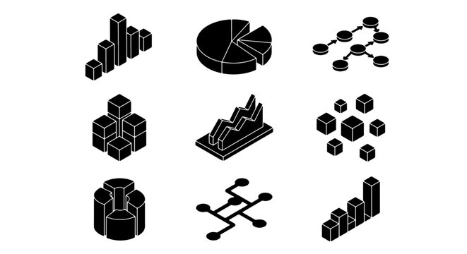 70 Isometric Data Visualization Icons Set, Business Analytics Charts and Graphs Vector Collection, Digital Information Symbols 100