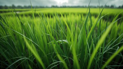 Obraz premium The extensive green grass extends beneath a clear sky, softly moving in the breeze. The tranquil landscape provides a peaceful retreat, with nature's simplicity fostering a calming, quiet environment.