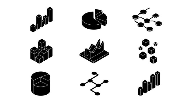 70 Isometric Data Visualization Icons Set, Business Analytics Charts and Graphs, Network Diagrams, Vector Elements for Reports and Presentations 100