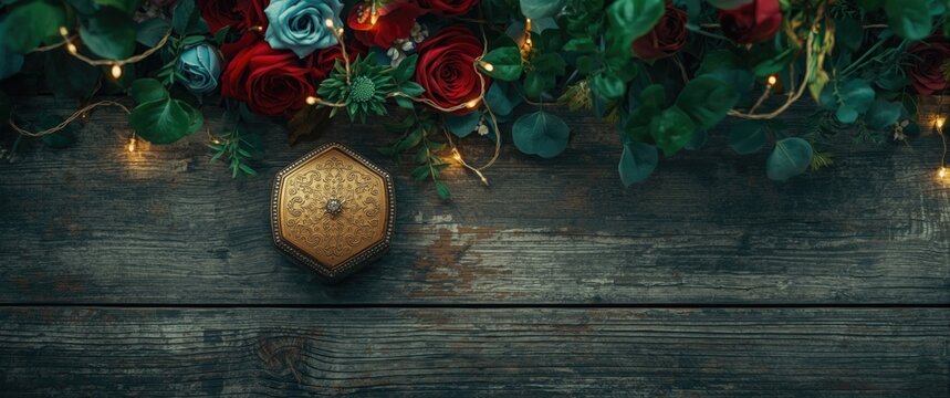 Decorative Jewelry Box Surrounded by Red and Blue Roses on Wooden Surface