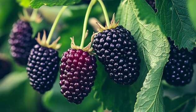Organic ripe blackberries hanging from a bush close up view showing detailed textured drupelet skin.