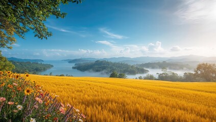 Naklejka premium Golden Wheat Field Overlooking a Serene Lake in Morning Light