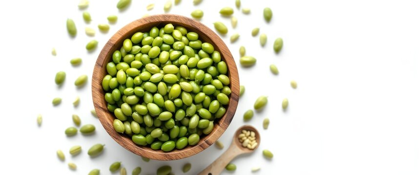 Green Edamame Beans in a Wooden Bowl with Surrounding Seeds on White Background