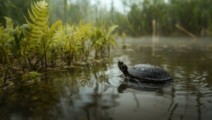 Fototapeta premium Turtle Swimming in a Calm Pond Surrounded by Ferns on a Misty Morning
