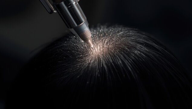 Scalp Micropigmentation Procedure in Closeup with Dull Lighting