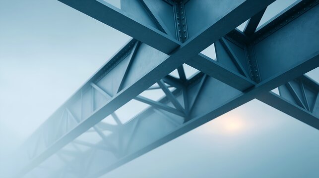 Close-up of steel bridge trusses in foggy morning light