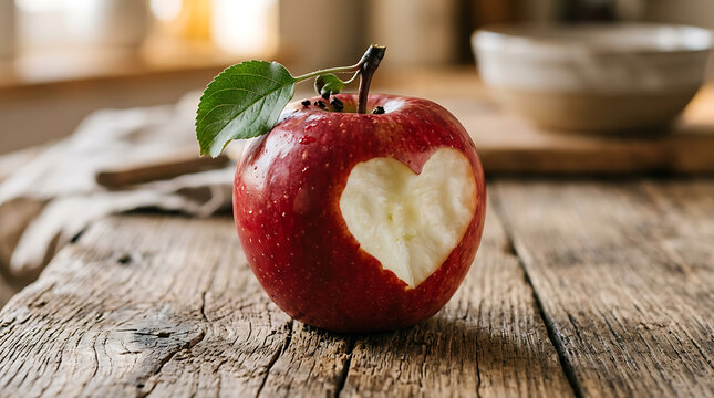 Single fresh red apple with a heart-shaped bite mark on a rustic wooden table, romantic concept for healthy eating and love for natural food