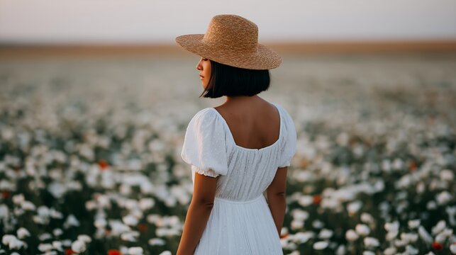 Back view of woman in white dress and straw hat
