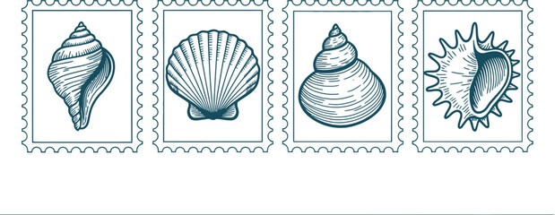 Vintage blue line coastal postage stamp frame collection with hand drawn conch, scallop, snail shells, elegant marine illustrations, and decorative nautical vector borders for postcards, branding © Rony art