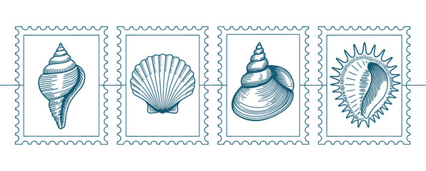 Blue line seashell postage stamp collection featuring scalloped coastal frames, conch, scallop, snail shells, and hand drawn marine vector illustrations for beach branding, postcards, © Rony art