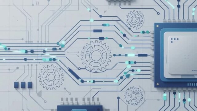 Abstract Technology Concept, Microchip Processor and Circuit Board Animation, Modern Digital Background with Animated Circuit Traces and Data Flow Visuals