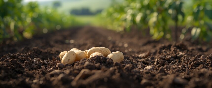 Fresh Potatoes Gathered on Soil in a Greenfield with Soft Morning Light
