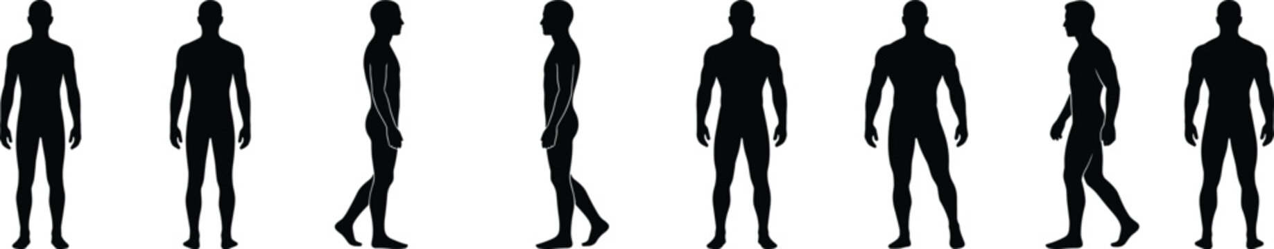 Standing and Walking Male Silhouette Collection Featuring Human Figure Poses Vector Bundle
