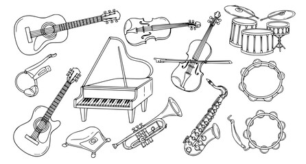 Hand Drawn Musical Instrument Collection with Guitar Piano and Violin © MSTNASIMABEGUM