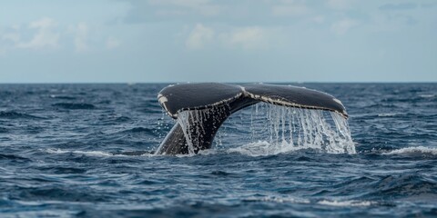 Naklejka premium Whale Tail Breaking Surface of Ocean Water with Spray in Calm Seas