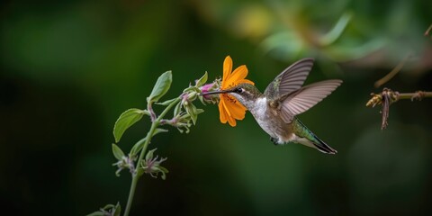 Obraz premium Hummingbird Feeding on Orange Flower in Soft Green Background