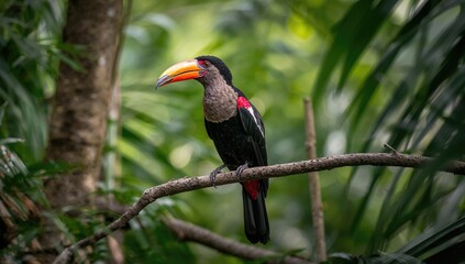 Obraz premium Toucan Perched on a Branch in a Lush Green Forest