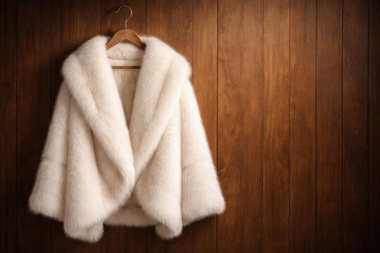 Elegant White Fur Coat Hanging on Wooden Wall