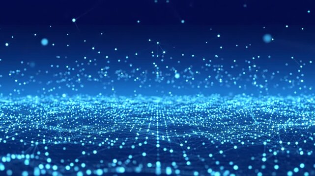 Abstract digital network landscape with glowing blue nodes and connecting lines forming a wave pattern on a dark background