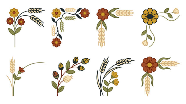 Decorative floral corner frames with wildflowers and wheat elements