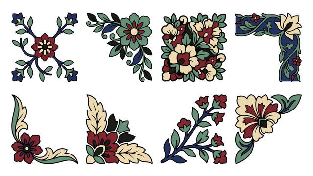 Rich floral corner frame designs featuring assorted blooms and foliage