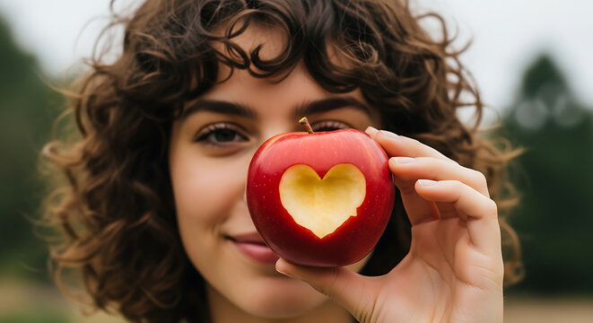 Portrait of a young woman with curly hair holding a red apple with a carved heart shape in front of her face for romantic healthy lifestyle