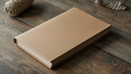 Fototapeta premium Closed Brown Hardcover Book on Wooden Table - Simple, Rustic, Natural Lighting