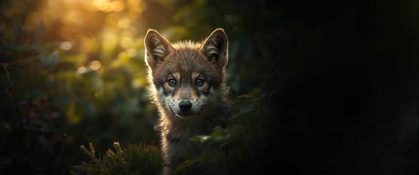 Wolf Pup Facing Camera - Forest Background, Soft Golden Light, Close-Up