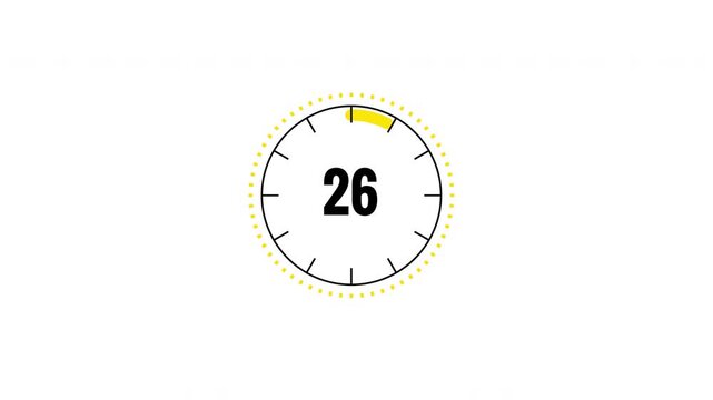 Animated 30 second circular reverse countdown timer with yellow progress elements and a transparent background. Suitable for commercial breaks, event starts, exercise timing, presentations, overlays