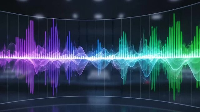 A vibrant digital audio waveform display glows on a curved glass screen