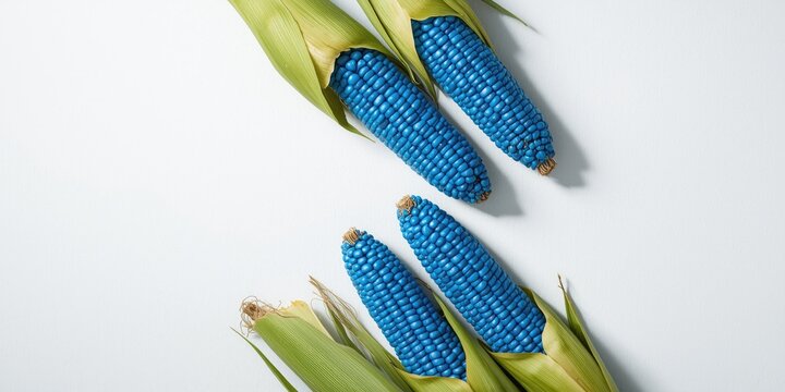Blue corn cobs with green husks on a white background