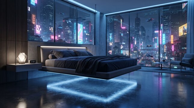 Futuristic floating bed with hidden magnetic levitation in a luxury minimalist bedroom, overlooking a neon cyberpunk city through panoramic smart glass walls at night.