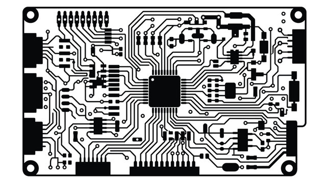 Printed circuit board layout black and white graphic illustration