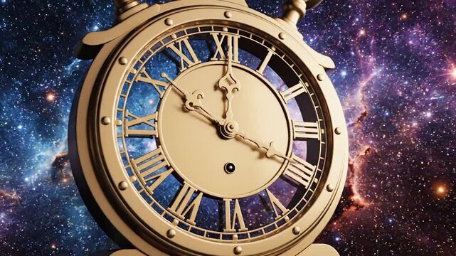 Golden vintage clock floating in a starry cosmic nebula