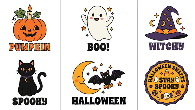 Cute retro Halloween vector sticker collection with ghost and pumpkin