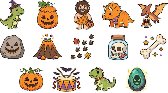Cute prehistoric dinosaur Halloween vector clipart set with cartoon caveman