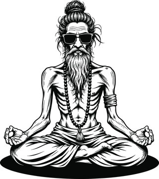 Black and white ink illustration of a cool bearded yogi meditating while wearing modern sunglasses