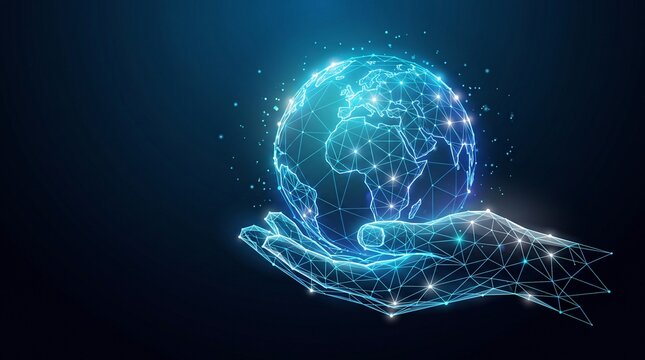 Digital illustration of a human hand holding a glowing planet earth constructed from network nodes and connected data points representing global connection with technology, connection